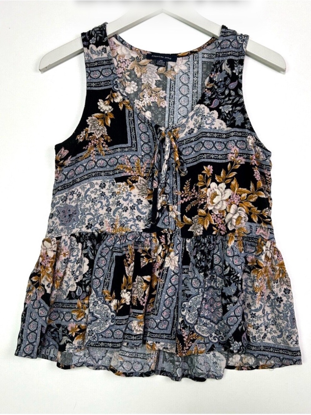 American Eagle Outfitters Black Floral Patchwork Tie-Front Tank